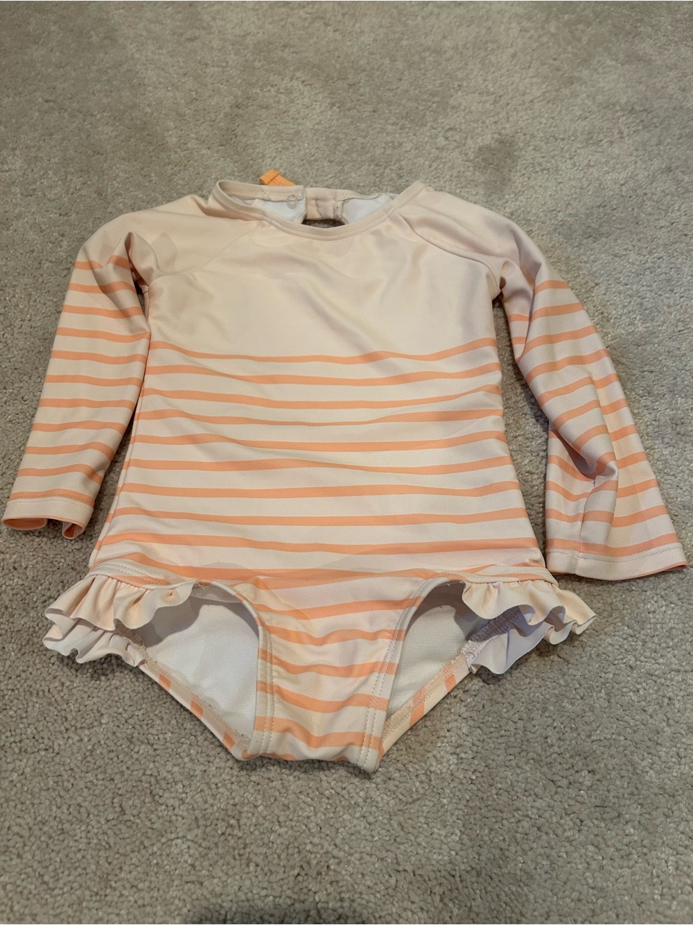 Girls Peach & Cream Striped Long-Sleeve One-Piece Swimsuit with Ruffle Hem